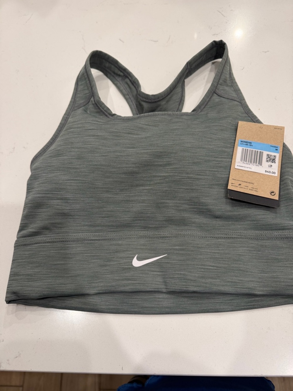 Nike Racerback Sports Bra in Sage Green Heather with White Swoosh